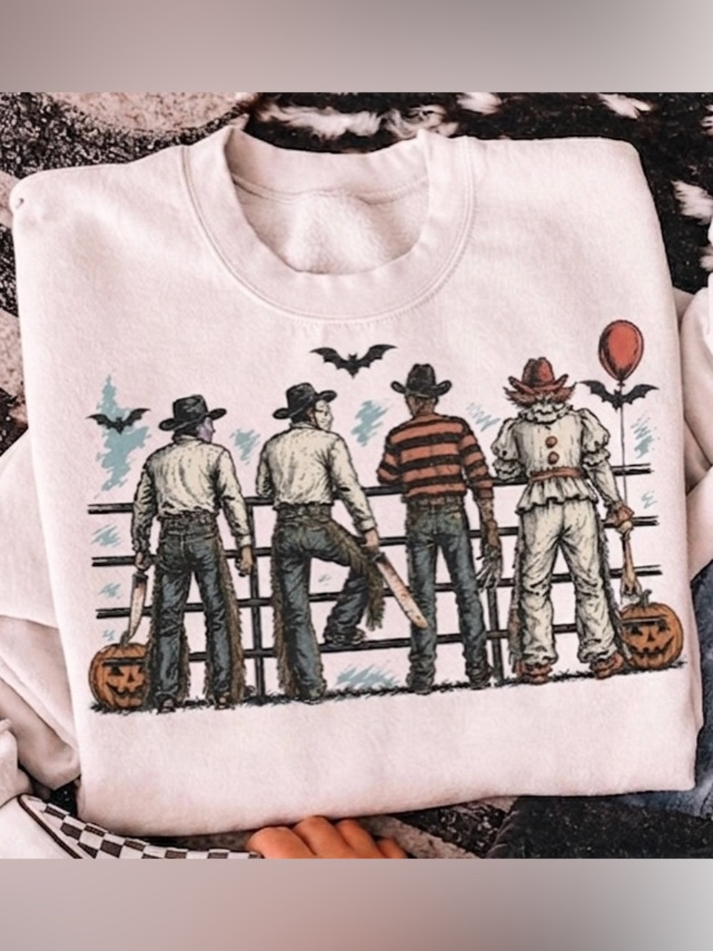 White Halloween Graphic Sweatshirt with Horror Characters